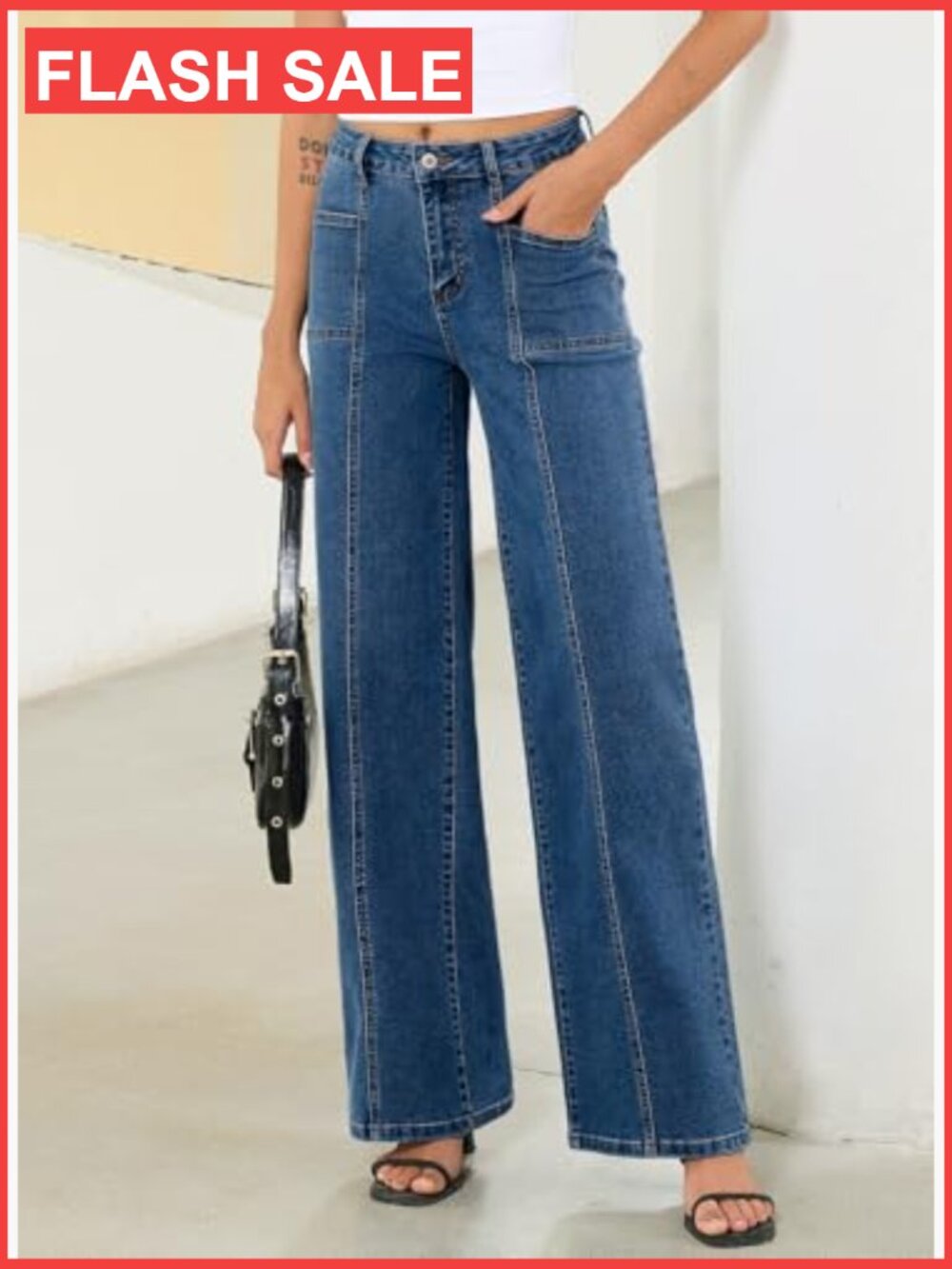 High Waisted Wide Leg Jeans Stretchy Baggy Denim Pants - Picture 3 of 7